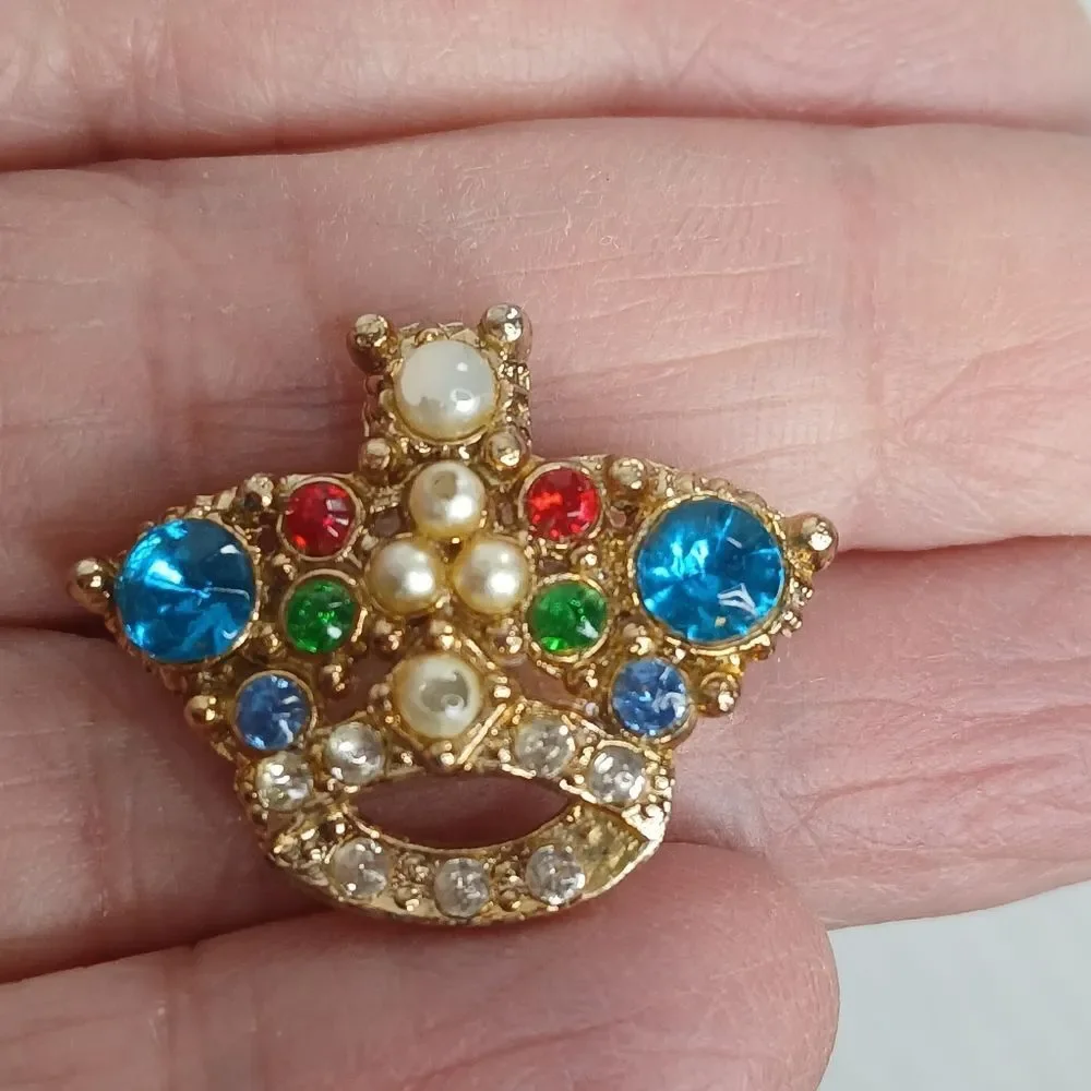 Vintage Rhinestone Crown Brooch Flowers Jewels Sparkling Regency 1 x 1.5